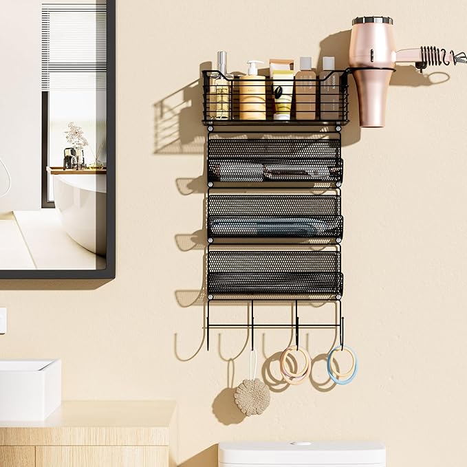 VITVITI Metal Hair Tool Organizer Wall Mount, Hair Dryer Holder with 4 Tier Shelf Basket Hooks, Bathroom Hair Styling Tool Organizer for Curling Iron/Blow Dryer/Straightener, Matte Black-Ruum Studio Home