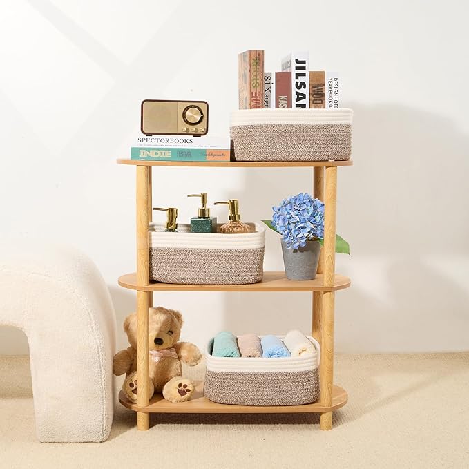 Small Storage Baskets for Organizing | Closet Organizer Bins | Shelf Toy Basket | Woven Rope Baskets | Cube Decorative Box | Shallow Basket | 13x8.5x5.1” | 3 Packs White Brown-Ruum Studio Home