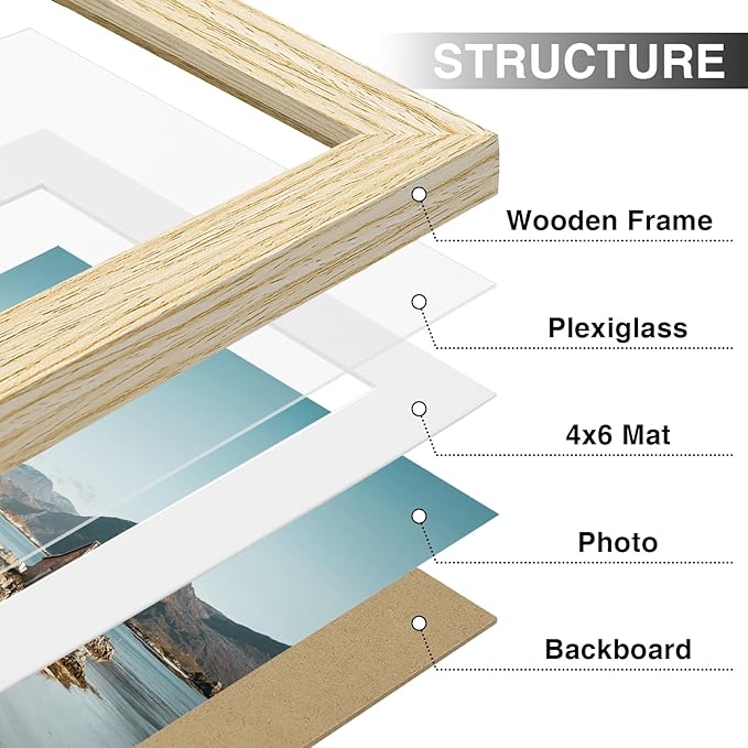 Vittanly 5x7 Picture Frames Set of 9, Shatter Resistant Plexiglass, Display 4x6 Pictures with Mat or 5x7 without Mat, Photo Frames for Wall or Tabletop, Engineered Wood, OAK-Ruum Studio Home