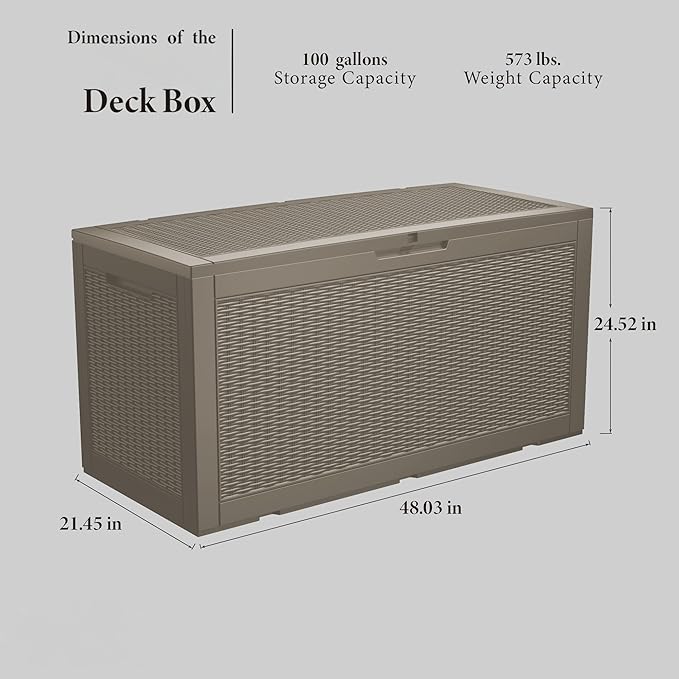 100 Gallon Double-Wall Resin Deck Box - Lockable Waterproof Outdoor Storage Box, 1000lbs Capacity & Doubles as Seating for Patio Furniture - Garden Tools, Pool Accessories (Brown)-Ruum Studio Home