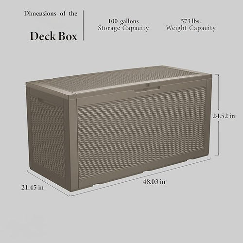 100 Gallon Double-Wall Resin Deck Box - Lockable Waterproof Outdoor Storage Box, 1000lbs Capacity & Doubles as Seating for Patio Furniture - Garden Tools, Pool Accessories (Brown)-Ruum Studio Home