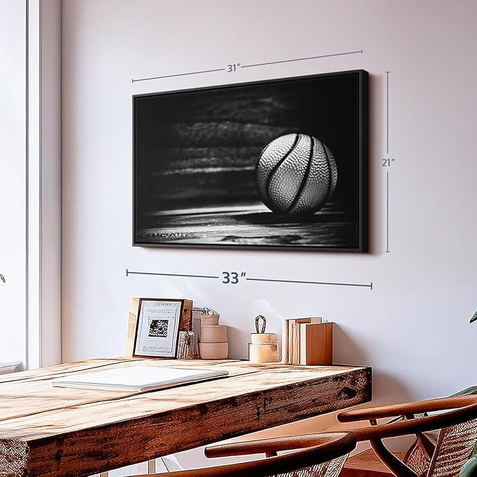 ElephantStock Basketball Wall Art - Horizontal Framed Canvas - 1-Piece Hallway Wall Decor - Photography sports Canvas Print - Black and Gray Decor for Wall - 31" X 21"-Ruum Studio Home