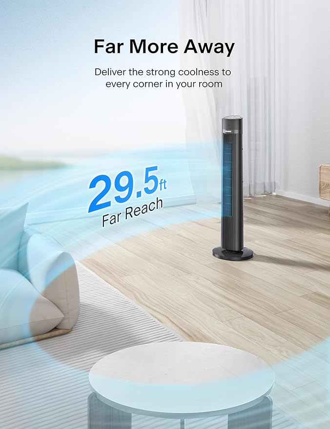 PELONIS 40 inch Bladeless Tower Fan for Bedroom, Standing Fan with Remote Control, 26ft/s, 90° Oscillation, 3 Speed Settings, 27 Db, 3 Modes, 15-Hour Timer, LED Display, Fan that Blows Cold Air, Grey-Ruum Studio Home