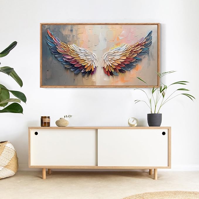 Aurlan Angel Wings Hand Painted Framed Wall Decor(40"x20"), Large Abstract Colorful Feather 3D Textured Oil Painting Canvas Artwork, Modern Contemporary Inspirational Wall Art for Living Room Bedroom-Ruum Studio Home