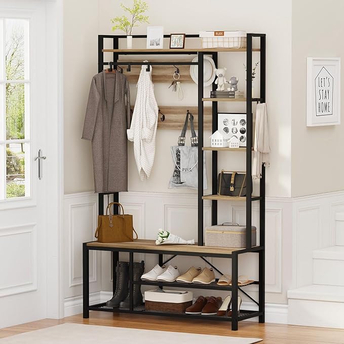 BON AUGURE Farmhouse Hall Tree for Entryway, Mudroom Bench with Shoe Storage, Large Coat Rack Shoe Bench with 5 Tier Open Shelves, Adjustable Side Hooks and Hanging Rod for Foyer (Vintage Oak)-Ruum Studio Home