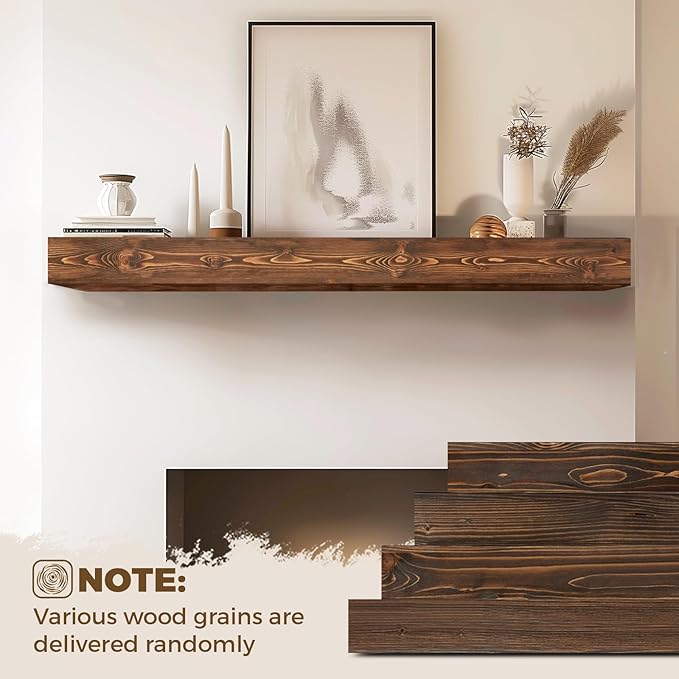 56x8x5 Fireplace Mantel - Handcrafted Hollow Rustic Solid Wood Wall Mounted Floating Shelf with Invisible Heavy Duty Wood Bracket (Weathered Brown)-Ruum Studio Home