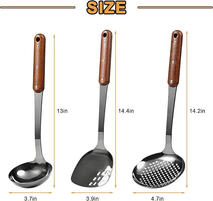 FJNATINH Stainless Steel Wok Spatula,Ladle,Skimmer Ladle Tool Set,Mirror Polished Cooking Utensils with Wooden Handle,Easy to Clean Wok Accessories,Black 3 PCS-Ruum Studio Home
