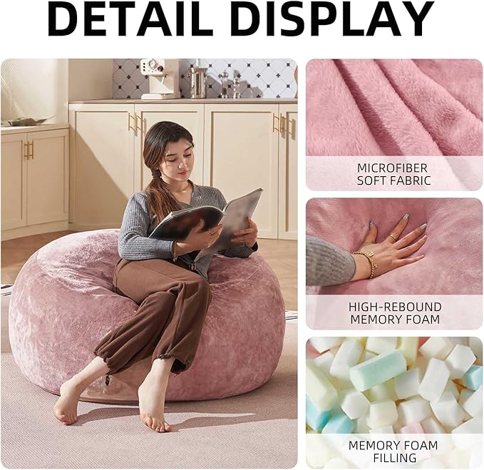 Bean Bag Chair 3Ft, Memory Foam Filled, Large Beanbag Chairs for Adults and Teens, Soft Sofa with Removable Flannel Cover, Round Couch for Living Room Bedroom College Dorm (Pink, 3FT-36×36"×24")-Ruum Studio Home