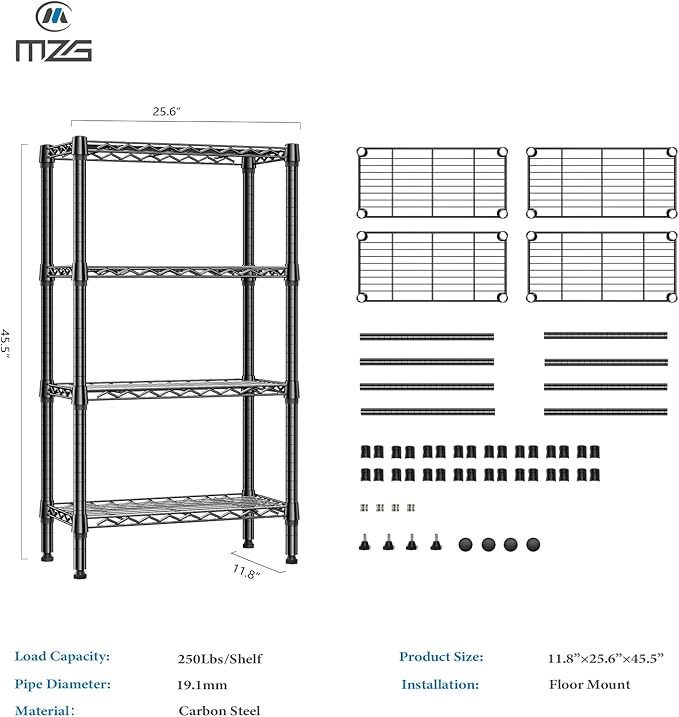 1000 lbs 4 Tier Shelf Metal Storage Shelves Wire Rack Closet Organizers for Garage Kitchen Bathroom Laundry Black 11.8" D x 25.6" W x 45.5" H-Ruum Studio Home