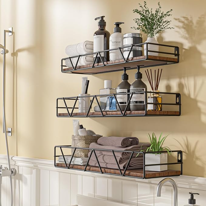 Floating Shelves Set of 3, Home Wood Wall Shelf, Farmhouse Shelf for Bedroom, Wall Mounted Floating Shelf for Living Room, Bedroom, Bathroom, Kitchen, Office (Black)-Ruum Studio Home