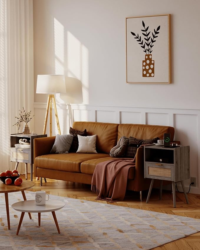 Rattan Nightstand with Outlet,Modern Bedside Table with Storage Drawer and Open Wood Shelf, for Living Room, Bedroom and Small Spaces, Accent Night Stand with Solid Wood Legs,Grey Oak-Ruum Studio Home