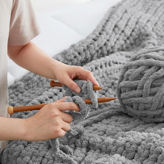 Amélie Home Chunky Knit Throw Blanket for Couch, Soft Chenille Crochet Blanket for Sofa, 50"x60", Light Grey-Ruum Studio Home