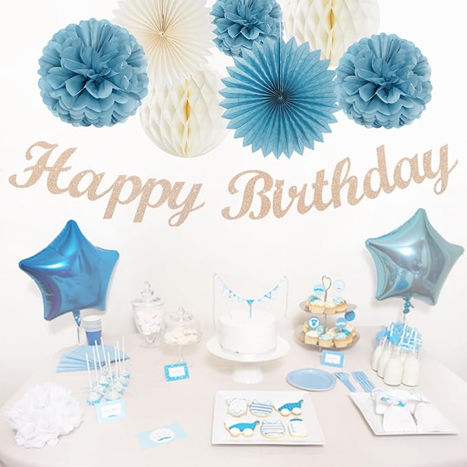 Dusty-Blue White Birthday Party-Decorations Paper-Flowers - 14pcs Happy Banner Boy Lanterns Tissue Pom Poms,Men Streamers Garland Fans Honeycomb,Baby Teen Male Kids Hanging Supplies Decor Hugfond-Ruum Studio Home