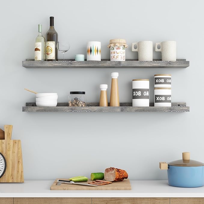 36 Inches Floating Shelves for Wall, Solid Pine Wood Picture Ledge Shelves, Wall Shelves with Lips, Nursery Book Shelves for Toys Storage Living Room Bedroom Photo Frames (2 Pcs, Grey)-Ruum Studio Home