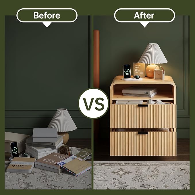 FURSUN 24" Fluted Nightstand with Charging Station, Wooden End Table with 2 Drawers Storage, Curved Profile Design, Modern Bedside Cabinet for Bedroom Living Room, Natural Oak-Ruum Studio Home