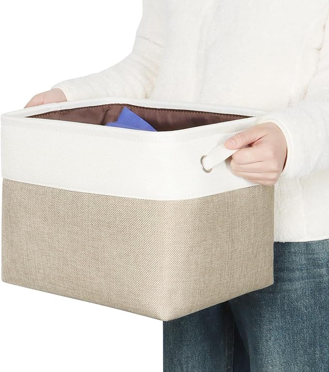 Kntiwiwo Foldable Storage Bin Collapsible Basket 12" x 10" x 9.5" Cube Storage Organizer Bins with Dual Carry Handles for Home Closet Shelves Drawers Organizer, Set of 3, Beige-Ruum Studio Home