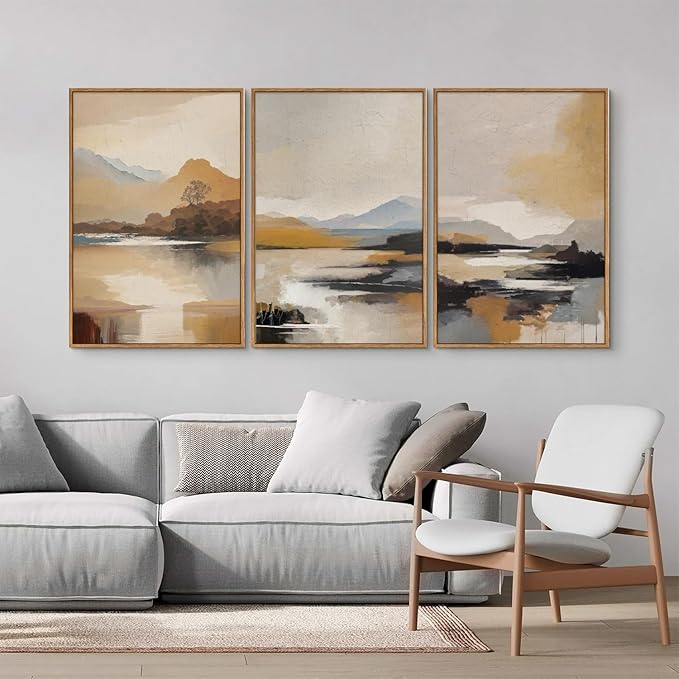 Tinonedraw Beige Mountain Landscape Framed Canvas Wall Art, Abstract Mid Century Modern Wall Decor, Golden Hour Lake Artwork, Neutral Nature Scenery Art Printing for Living Room Bedroom Office 16"x24"x3-Ruum Studio Home