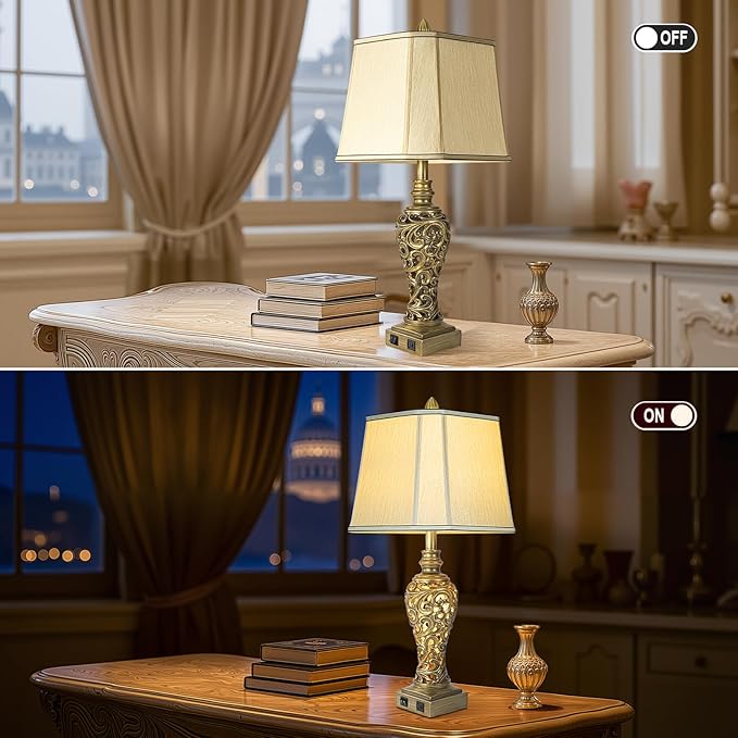 28.5'' Table Lamps Set of 2 for Living Room, Vintage Bedside Lamps with USB A+C Ports & Nightlight, Farmhouse Nightstand Lamps with Faux Silk Shade for Bedroom, Study Room, Office (LED Bulbs Included)-Ruum Studio Home
