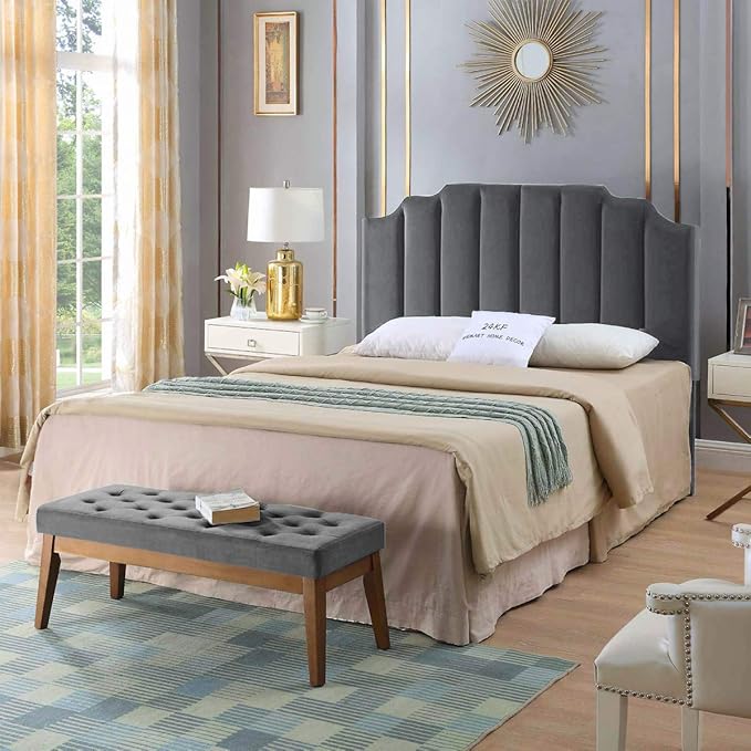 24KF Dark Gray Velvet Tufted Queen Upholstered Headboard, Modern Vertical Channel Design California Queen/Full Headboard with Stepped Silhouette Top Edge,Dark Gray-Ruum Studio Home
