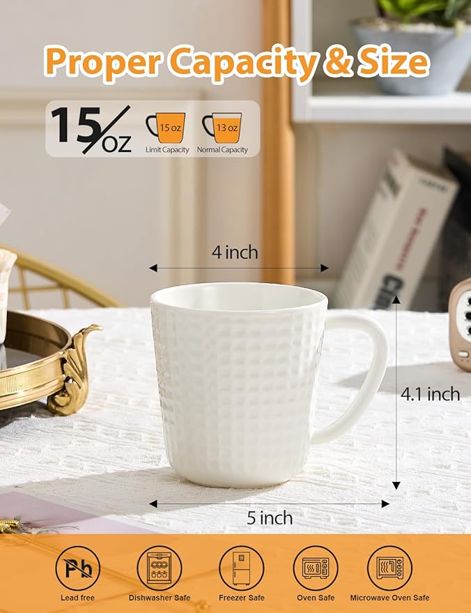 Ceramic Coffee Mugs 15 oz, Large Waffle Embossed Mug Set, Coffee Cups for Latte, Cappuccino, Cocoa, Tea, Mocha, Milk, Housewarming Wedding Present,Microwave & Dishwasher Safe - Set of 4 (White)-Ruum Studio Home