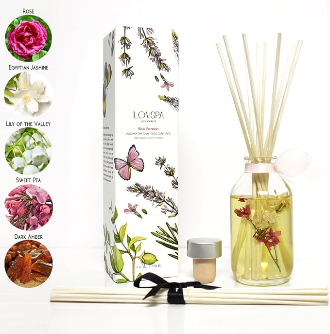 LOVSPA Reed Diffuser Set, Wild Flowers Scented Oil Diffuser with Sticks, Home Fragrance Accessories for Bathroom Shelf Decor, Aroma Diffusers for Home or Office Desk, USA Made-Ruum Studio Home