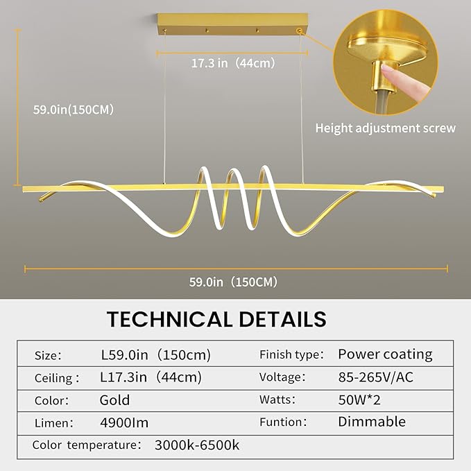 Modern Design Dimmable Desk Linear Pendant Light, with Remote Control Dimmable 3 Color Mode & Brightness Ceiling Lamp, Anti-Flicker Dining Light Fixture for Kitchen, Dining Room (Gold, 57IN)-Ruum Studio Home