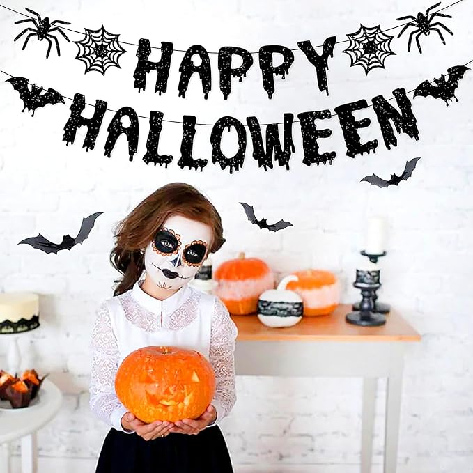 Orange Black Happy-Halloween Party Decorations - 13PCS Spider Web Bats Streamers Banner ,Paper Flowers Lanterns Tissue Pom Poms Fans, Classroom Birthday Bachelorette Hanging Supplies Decor Hugfond-Ruum Studio Home