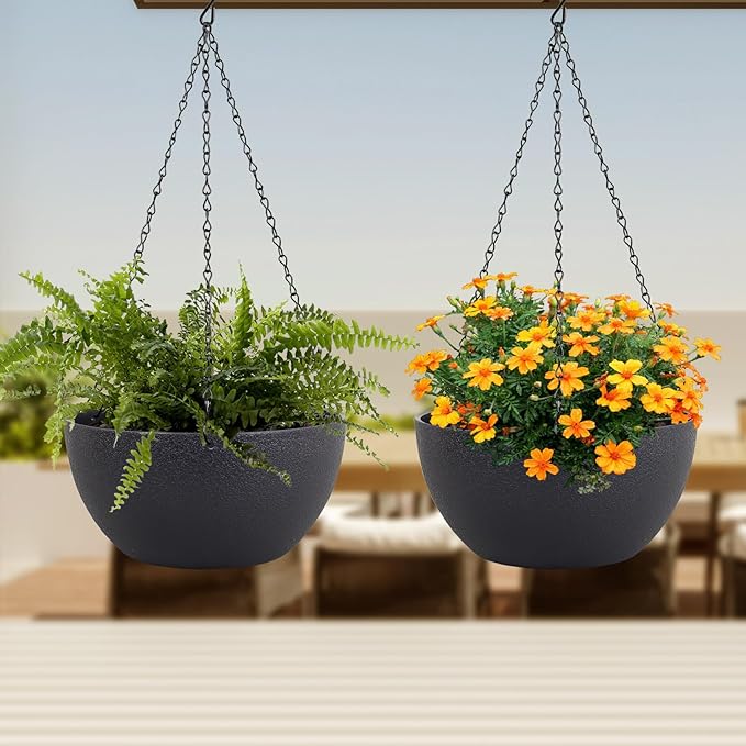 12 inch Large Hanging Planters for Indoor Outdoor Plants, 2 Pack Hanging Flower Pots with Drainage Holes and Chain for Garden Porch Plants, Plastic Hanging Baskets for House Plants, Black-Ruum Studio Home