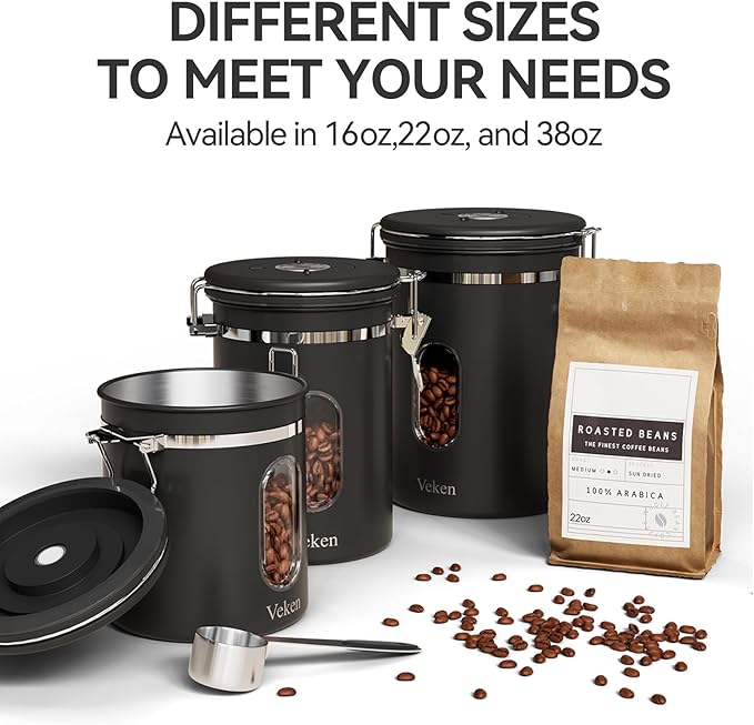 Veken Coffee Canister with Window, Airtight Stainless Steel Kitchen Food Storage Container with Date Tracker and Scoop for Grounds Coffee, Beans, Tea, Flour, Cereal, Sugar, 22&16OZ,Black-Ruum Studio Home