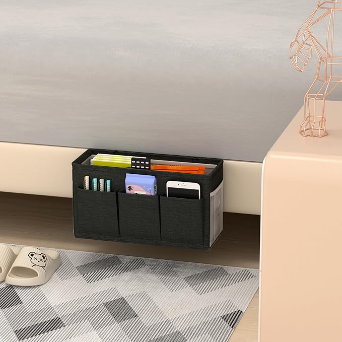 Dual-purpose Bedside Caddy Bedside Organizer, Bed Caddy with 6 Pockets, Versatile Bedside Storage Solution Magazine Remotes holder, ideal for Home, Dorm, Hospital, Crib Bed (Black 2 pcs)-Ruum Studio Home