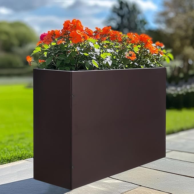 Metal Rectangular Planter Box Tall Planters for Outdoor Plants Modern Heavy Duty with Drainage Holes for Outside Indoor Patio Deck - Brown, 32”x 12”x 24”-Ruum Studio Home
