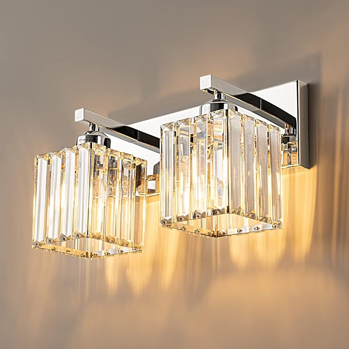 Modern Bathroom Vanity Light 2-Lights Chrome Crystal Bathroom Wall Light Vanity Light Fixtures，12.59-inch Modern Minimalist Design-Ruum Studio Home