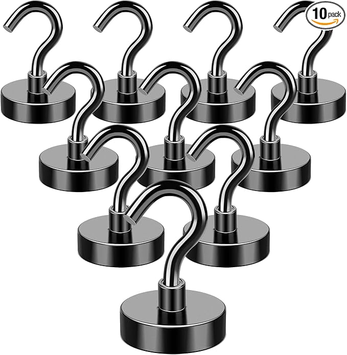 MIKEDE Magnetic Hooks, 40Lbs Strong Neodymium Black Magnet Hook for Hanging, Heavy Duty Magnetic Hooks Classroom Must Have, Magnet with Hooks for Home, Kitchen, Workplace, School - Pack of 10-Ruum Studio Home