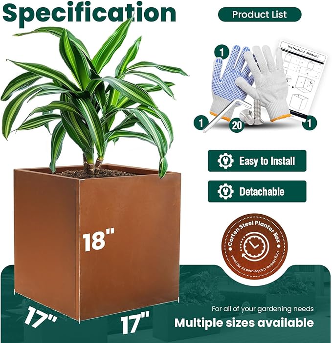Corten Steel Planter Box Metal Outdoor Large Rectangular Rustic Durable Antique Detached for Commercial Residential Patio Deck and Backyard 17" x 17" x 18"-Ruum Studio Home