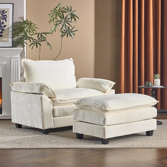 Karl home Oversized Accent Chair Chenille Sofa with Chaise, Modern Sofa Chair with Removable Ottoman Modular 1-Seater Couch and 2-Layer Ottoman for Living Room, Apartment, Studio, Beige-Ruum Studio Home