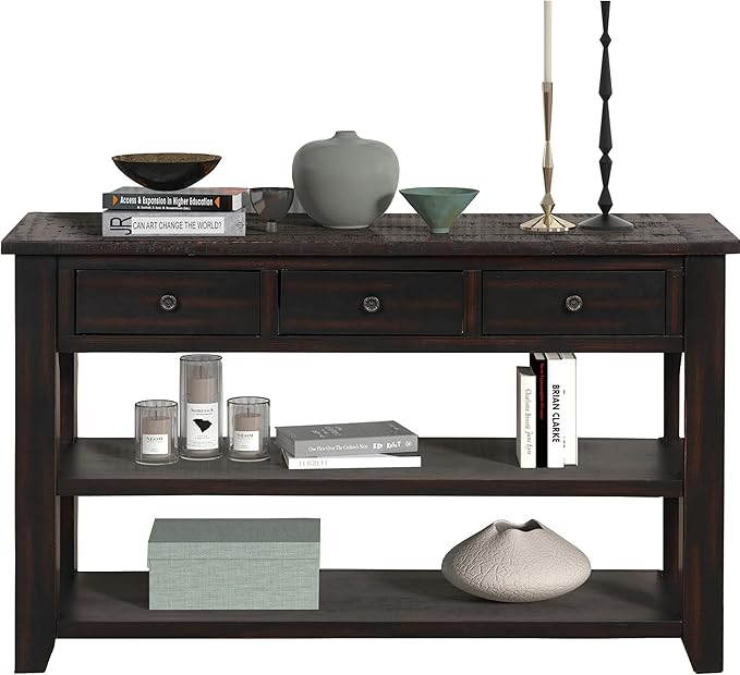 Solid Wood Console Table,Sofa Table with Storage Drawers and Bottom Shelf,Entryway Table for Entry Hallway Foyer,Fully Assembled (48.8" Distressed Black)-Ruum Studio Home