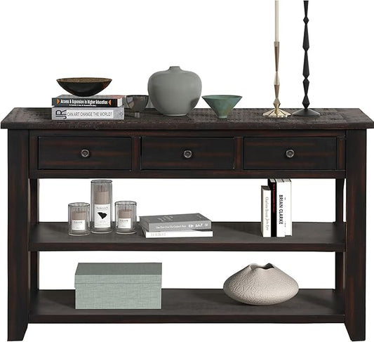 Solid Wood Console Table,Sofa Table with Storage Drawers and Bottom Shelf,Entryway Table for Entry Hallway Foyer,Fully Assembled (48.8" Distressed Black)-Ruum Studio Home