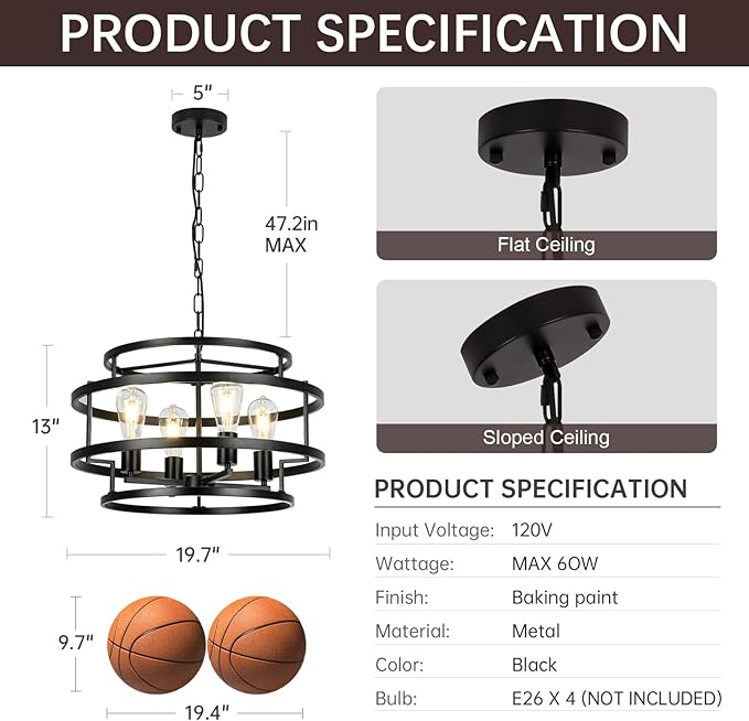 4-Light Black Chandelier for Dining Room, 19.7" Modern Farmhouse Pendant Light with Geometric Metal Frame, Industrial Flush Mount Ceiling Light for Living Room, Bedroom, Kitchen Island, Hallway, Foyer-Ruum Studio Home