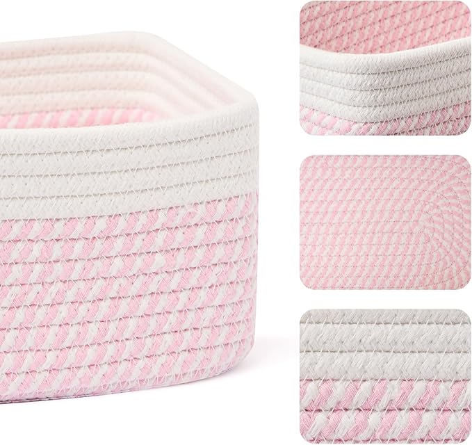 Small Storage Baskets for Organizing | Closet Organizer Bins | Shelf Toy Basket | Woven Rope Baskets | Cube Decorative Box | Shallow Basket | 11.5x7.5x4.7” | 3 Packs White Pink-Ruum Studio Home