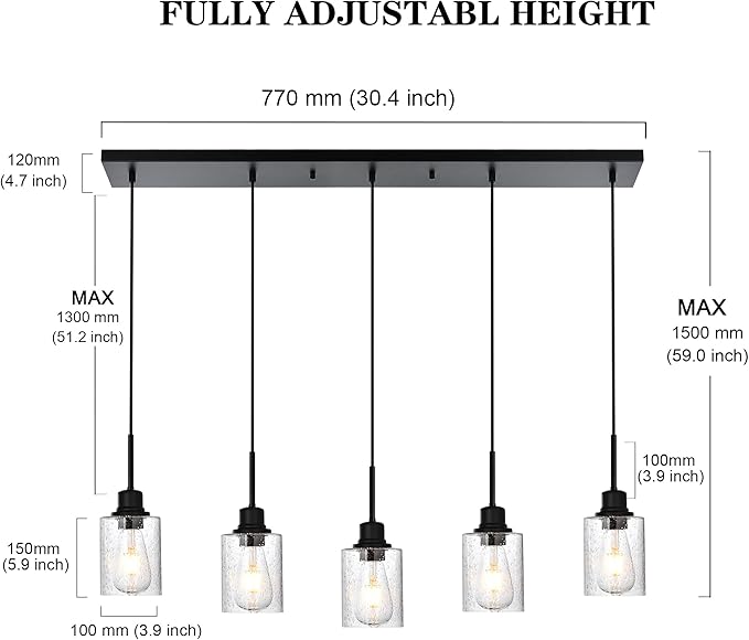 Black Chandelier 5 Light Dining Room Lighting Fixtures Hanging Linear Pendant Lights Industrial Modern Chandelier with Seeded Glass for Kitchen Island Living Room Bedroom Foyer Hall Entryway-Ruum Studio Home