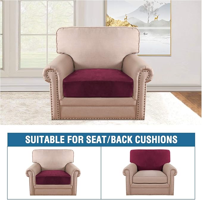H.VERSAILTEX Velvet Stretch Couch Cushion Cover Plush Cushion Slipcover for Chair Cushion Furniture Protector Seat Cushion Sofa Cover (1 Piece Armchair Cushion Covers, Burgundy)-Ruum Studio Home