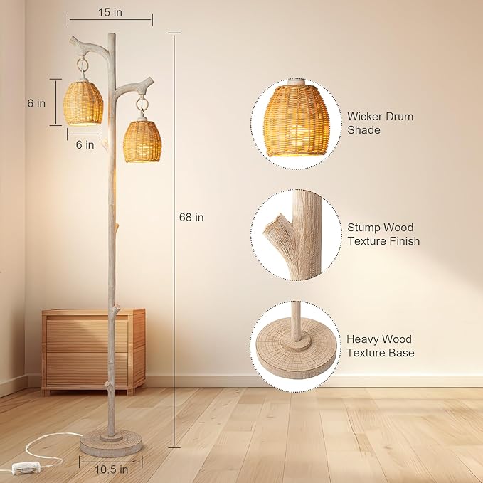 68" High Farmhouse Rustic Country Cottage Floor Lamp Tree Trunk Faux Wood Column White Washed Wicker Drum Shade Decor for Living Room Bedroom Reading Room-Ruum Studio Home