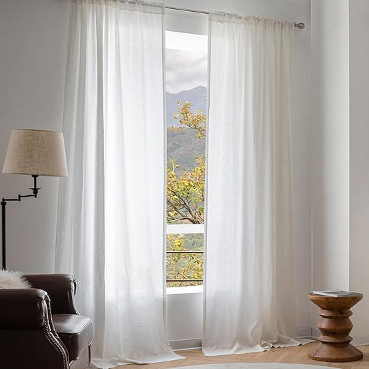 MYSKY HOME White Linen Curtains for Living Room, 100% Linen Natural Semi Sheer Curtains & Drapes 84 inches Length 2 Panels Farmhouse Country Light Filtering Bedroom Window Rod Pocket, 50" Wide, White-Ruum Studio Home