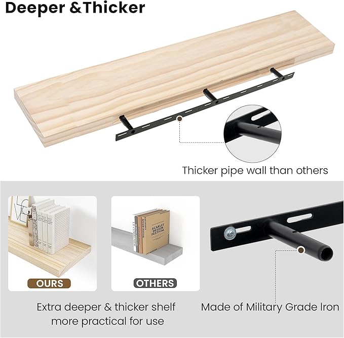 Light Wood Floating Shelves 48 Inch, 8 in Deep Single Book Shelf Floating for Wall Mounted, Heavy Duty Shelf Hold 100 lbs, Unfinished Wall Shelves for Bathroom, Living Room, Kitchen, Bedroom, Office-Ruum Studio Home