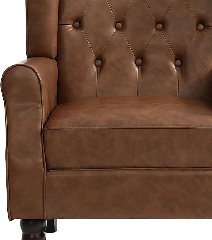 UIXE Faux Leather Accent Chairs Set of 2, High Back Upholstered Armchair for Living Room, Wingback Tufted Arm Chair Comfy Single Sofa Bedroom Reading Seat with Solid Wood Legs - Brown-Ruum Studio Home