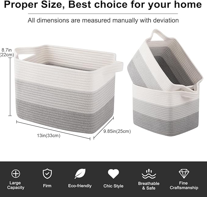 OIAHOMY Storage Basket, Woven Baskets for Storage, Cotton Rope Basket for toys,Towel Baskets for Bathroom - Pack of 3, Gradient Gray-Ruum Studio Home