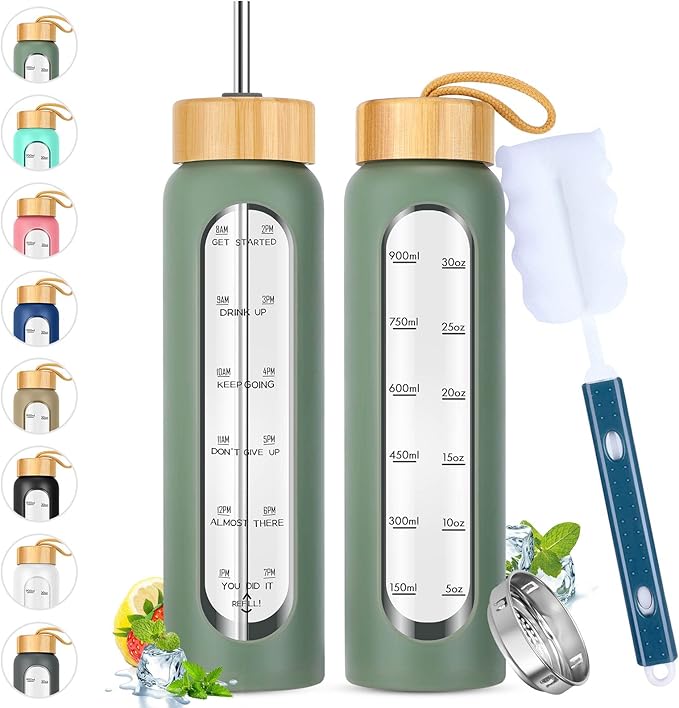 32 oz Glass Water Bottle with Straw - Motivational Time Marker & Silicone Sleeve - Reusable Tumbler Includes 2 Bamboo Lids & Fruit Infuser - 1 Pack-Ruum Studio Home