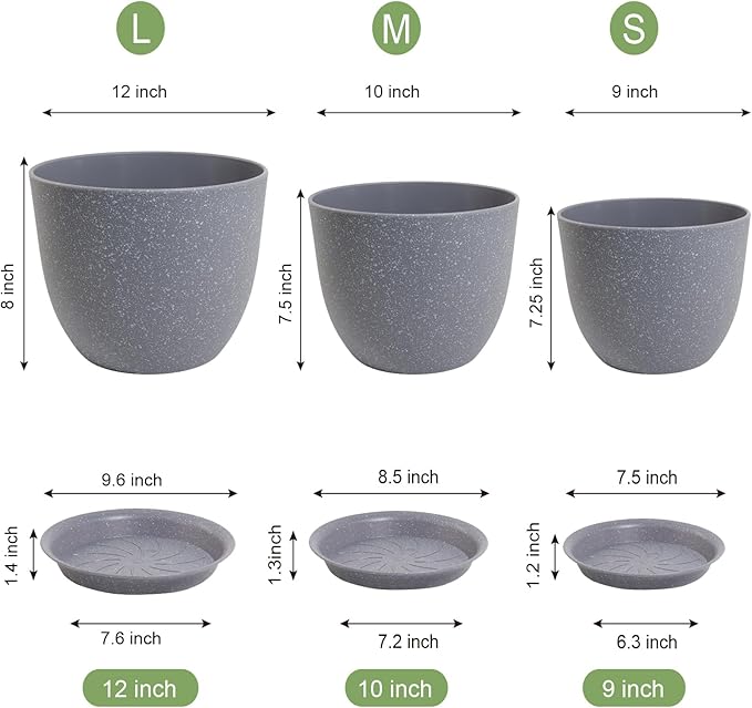 12/10/9 inch Large Plant Pots, 3 Pack Modern Decorative Plastic Planters with Drainage Holes and Saucer for House Garden Plants, Flower Pots for Indoor Outdoor Plants, Speckled Grey-Ruum Studio Home