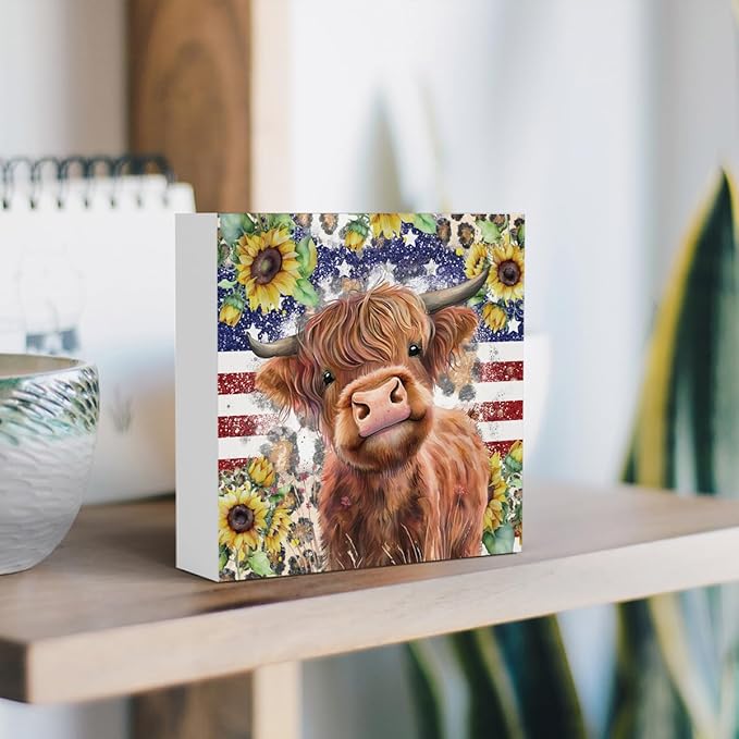 Cute Highland Cow Patriotic Baby Decor, Highland Cow Sunflower Decor, Wooden Box Decor Sign for Home Farmhouse Office Living Room Table Shelf-Ruum Studio Home