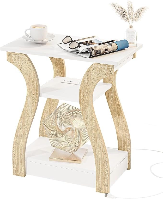 End Table with Charging Station, Side Table with USB Ports and Outlets, Nightstand, 3 Tier End Table with Storage Shelf for Living Room, Bedroom (White)-Ruum Studio Home